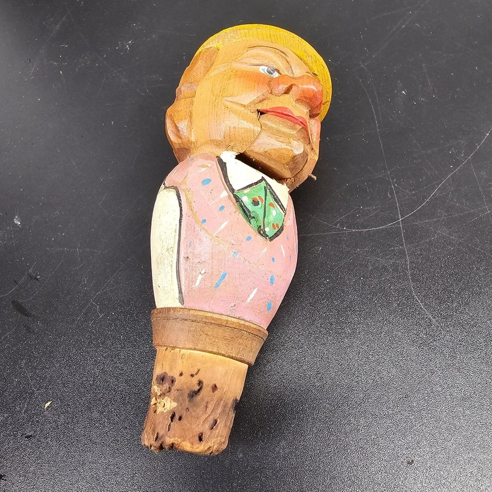 Bottle Stopper 4.25in Vintage Folk Art Carved Jolly Man Lifting Hat black forest